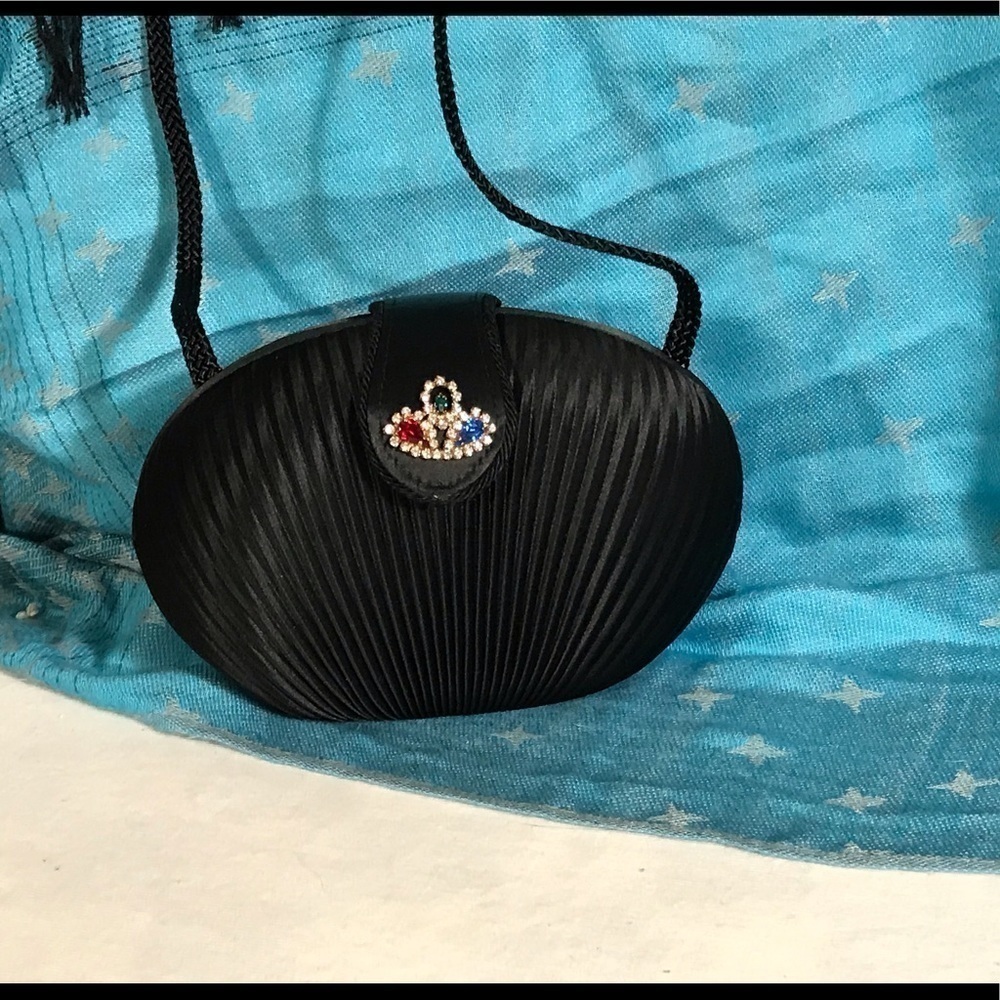 La Regale black satin clamshell clutch